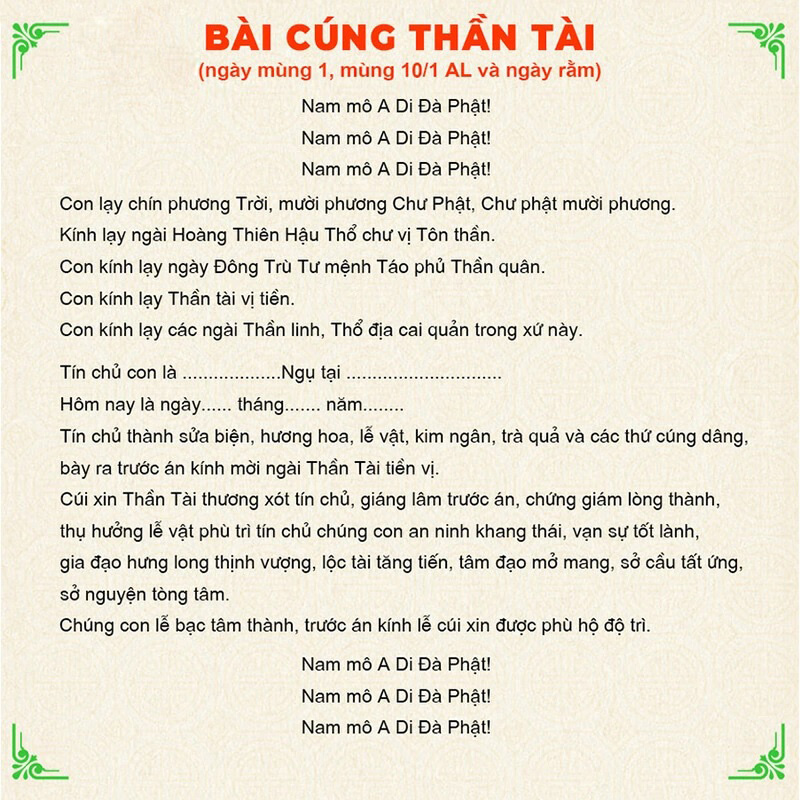 Văn khấn cúng Thần Tài